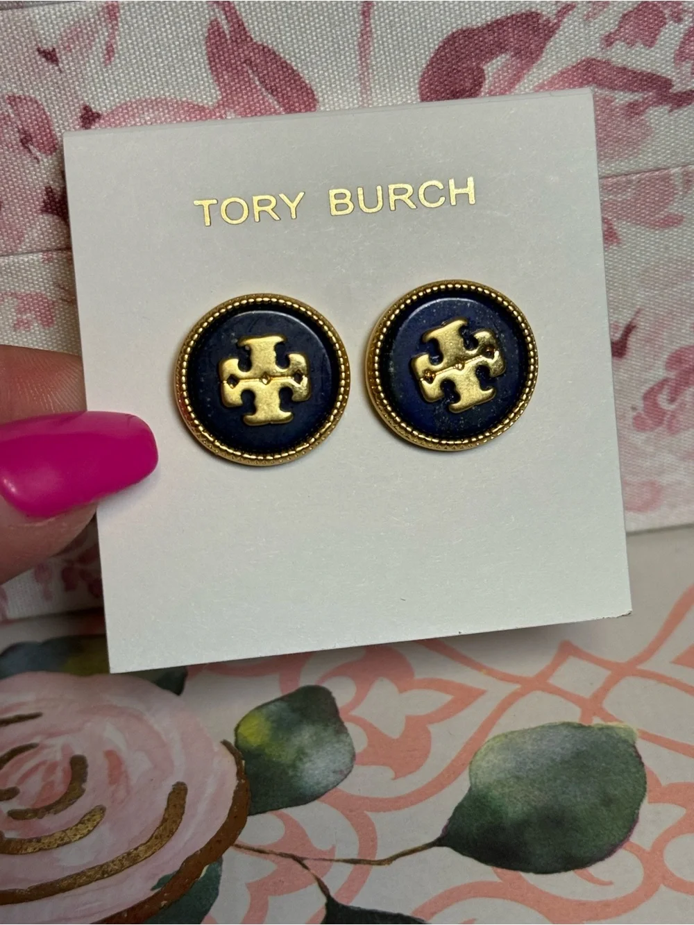 Tory Burch Navy and Gold Logo Stud Button Earrings New